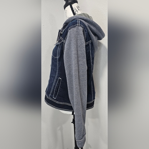 No Boundaries Combo Denim Sherpa Button Up Hooded Blue Gray Jean Jacket Jr's XXL - Picture 4 of 13